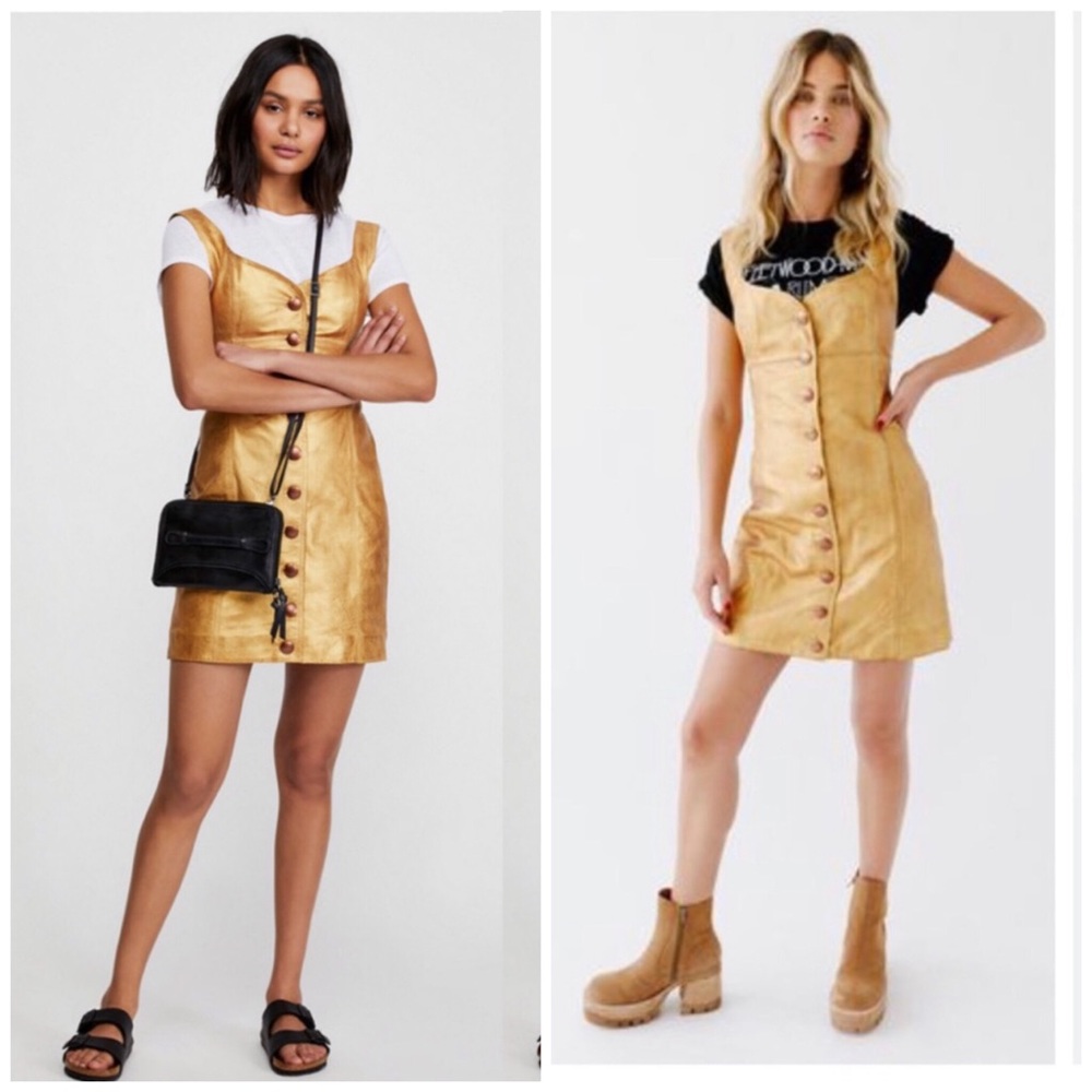 FREE PEOPLE GOLD MINI LEATHER BUTTON DOWN DRESS